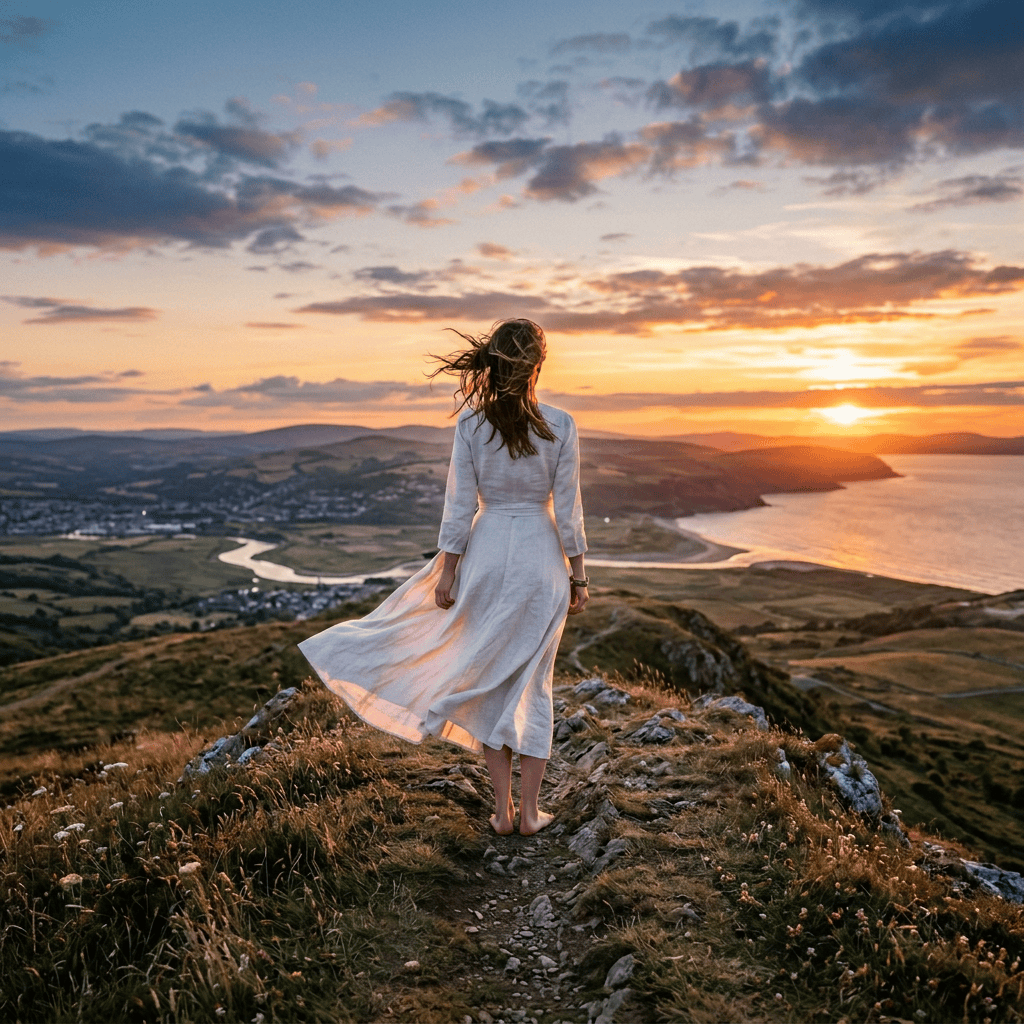 Woman in a maroon dress standing on a rocky hillpath overlooking a scenic sunset with hills and a river below.